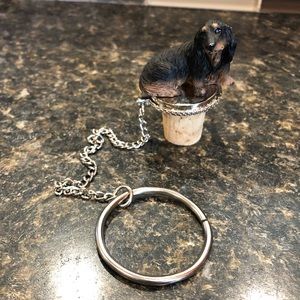 Dachshund Black and Tan wine bottle stopper cork with silver tone chain and ring